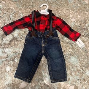 Carters Buffalo Plaid Flannel Suspender Outfit NWT